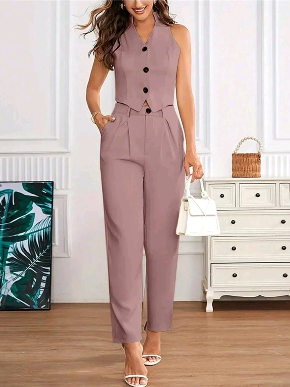 Sleeveless Button-Front Vest & High-Waist Pants Set - Mauve Pink